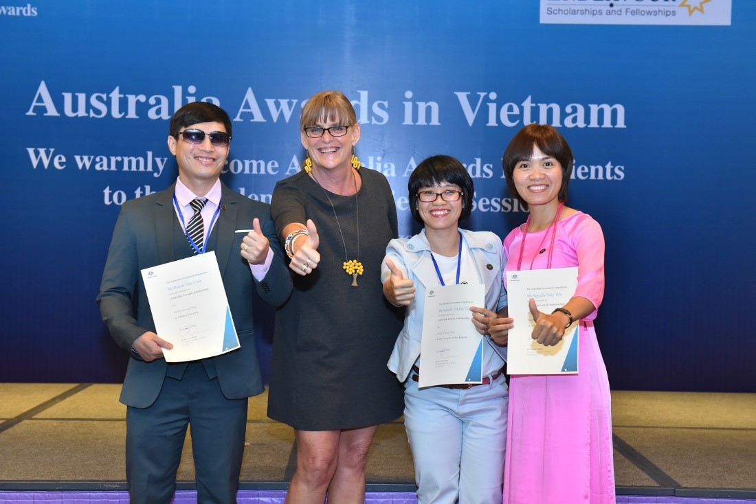 Three awardees with disability with Ms Karen Lanyon